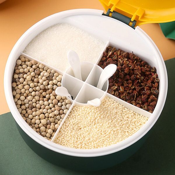 Multi-grid Spice Jar with 4 Spoon Round Kitchen Seasoning Box Food Storage Containers Salt Spices Sugar Condiment Box Spice Pots Multi-grid Spice Jar with 4 Spoon Round Kitchen Seasoning Box Food Storage Containers Salt Spices Sugar Condiment Box Spice P