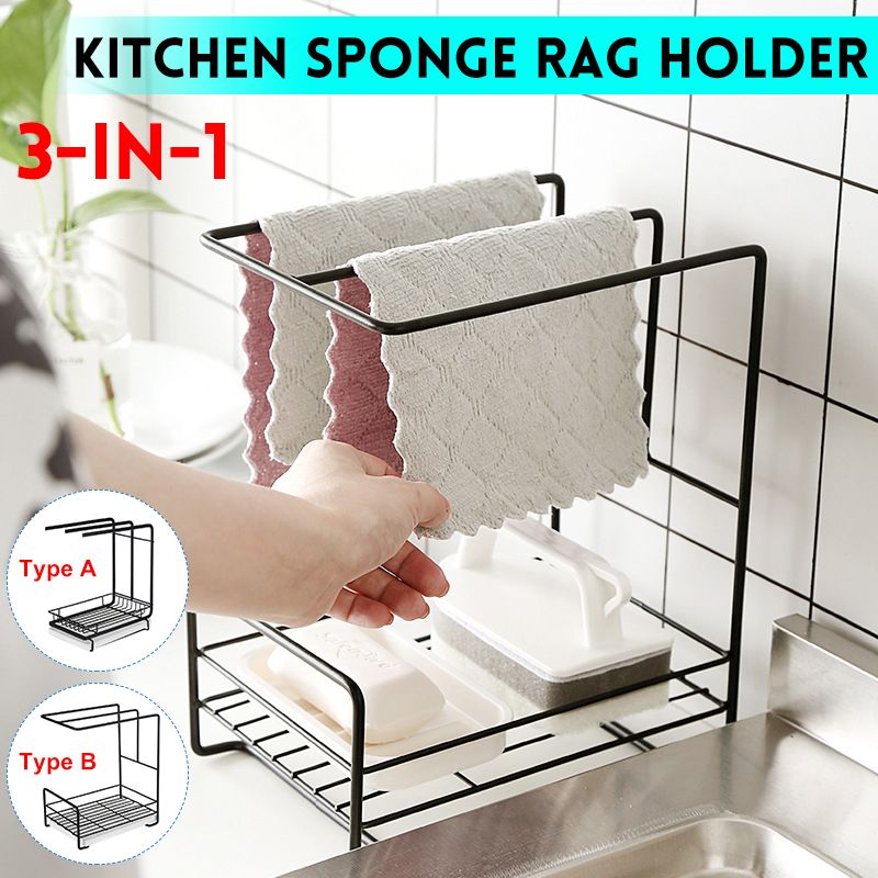 Functional 3-IN-1 Kitchen Sponge Rag Holder Rack Drain Tray Stainless Steel Organizer Hold