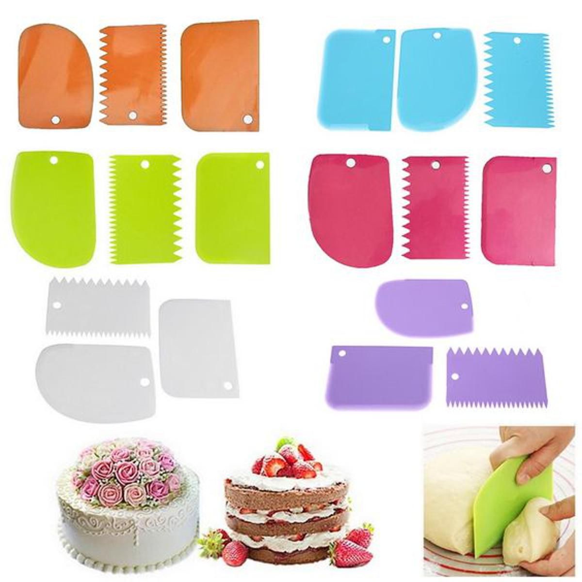 3 Pcs Cake Cream Scraper Set, 3Pcs Plastic Fondant Cake Cream Scraper Spatula Dough Cutter Kitchen Baking Tool