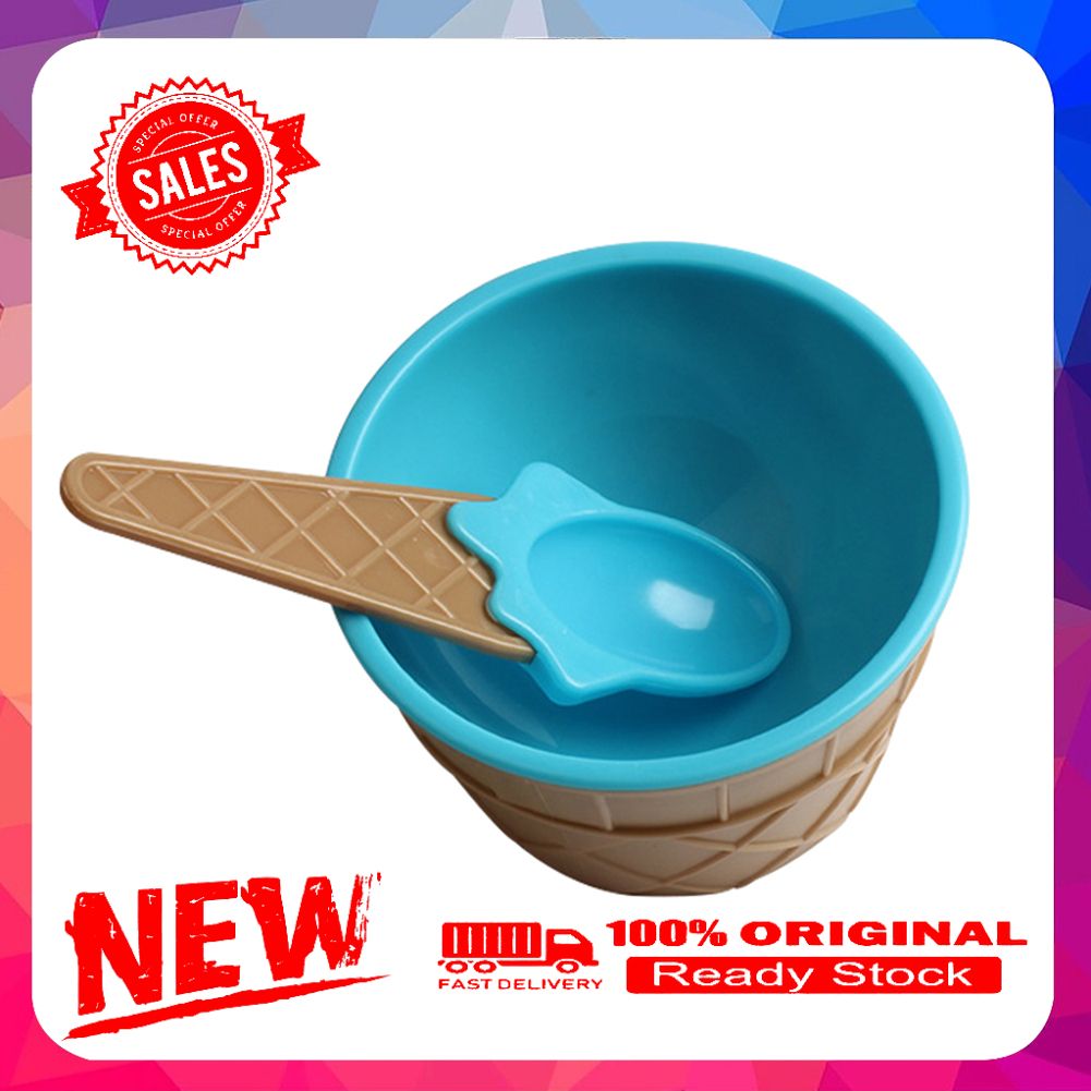 2Pcs Lovely Ice Cream Dessert Bowl Spoon Tableware Kid Party Dinnerware Supplies