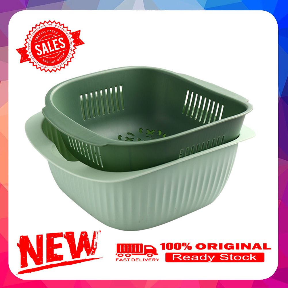 2Pcs Home Kitchen Fruit Vegetable Washing Draining Basket Strainer Holder Bowl