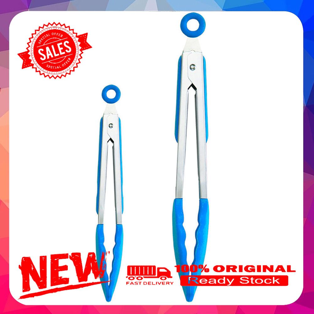 2Pcs 9/12 inch Stainless Steel Handle Silicone Clamp Kitchen Tongs Cooking Clip