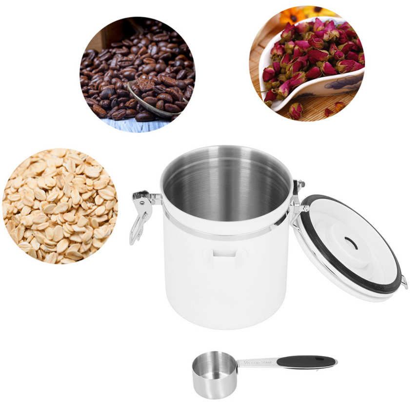 Sealed Food Container 1.5L 304 Stainless Steel Coffee Beans Tea Canister Storage with Spoon