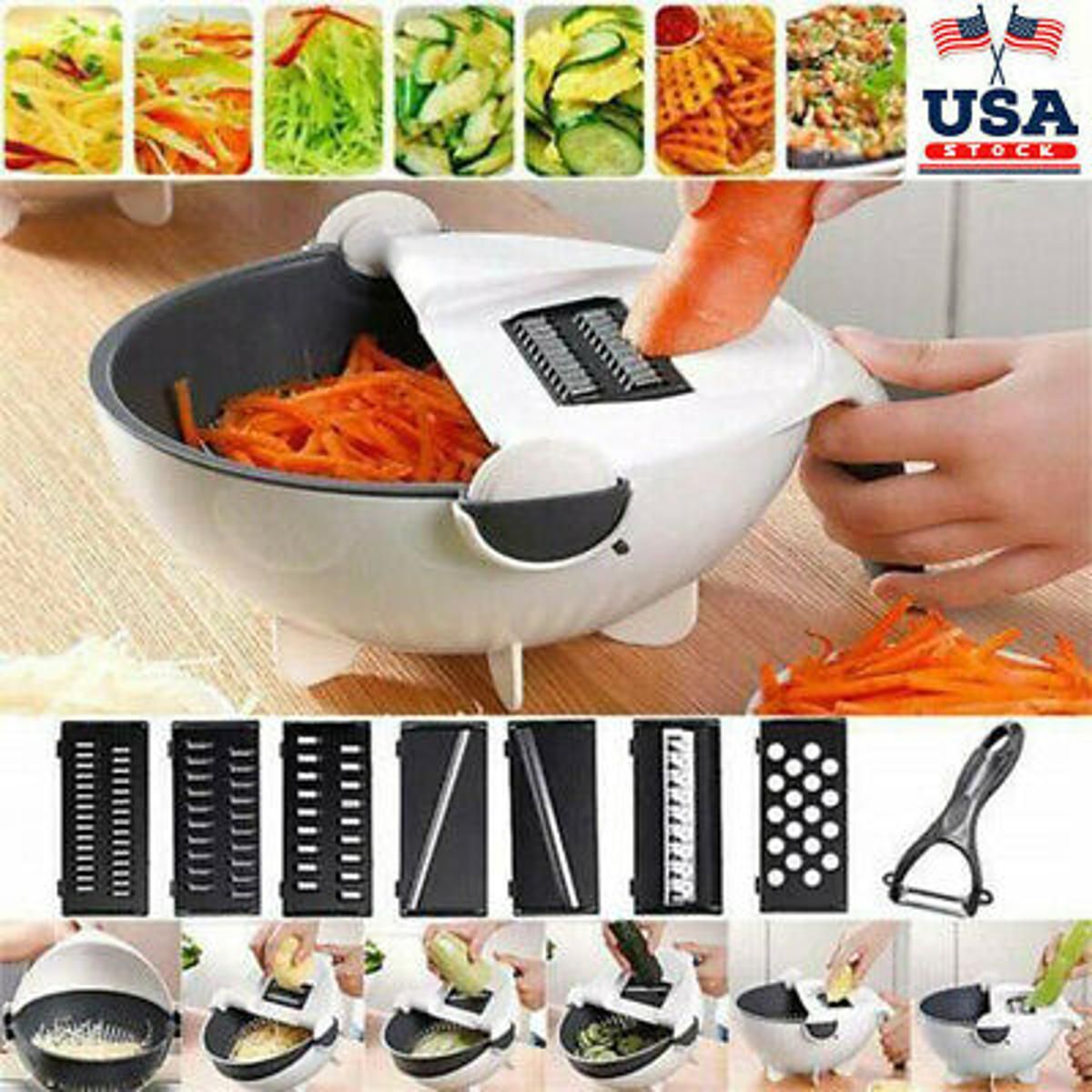 Magic Rotate Vegetable Cutter with Drain Basket Multi-Functional Kitchen Veggie Fruit Shredder Grater Slicer