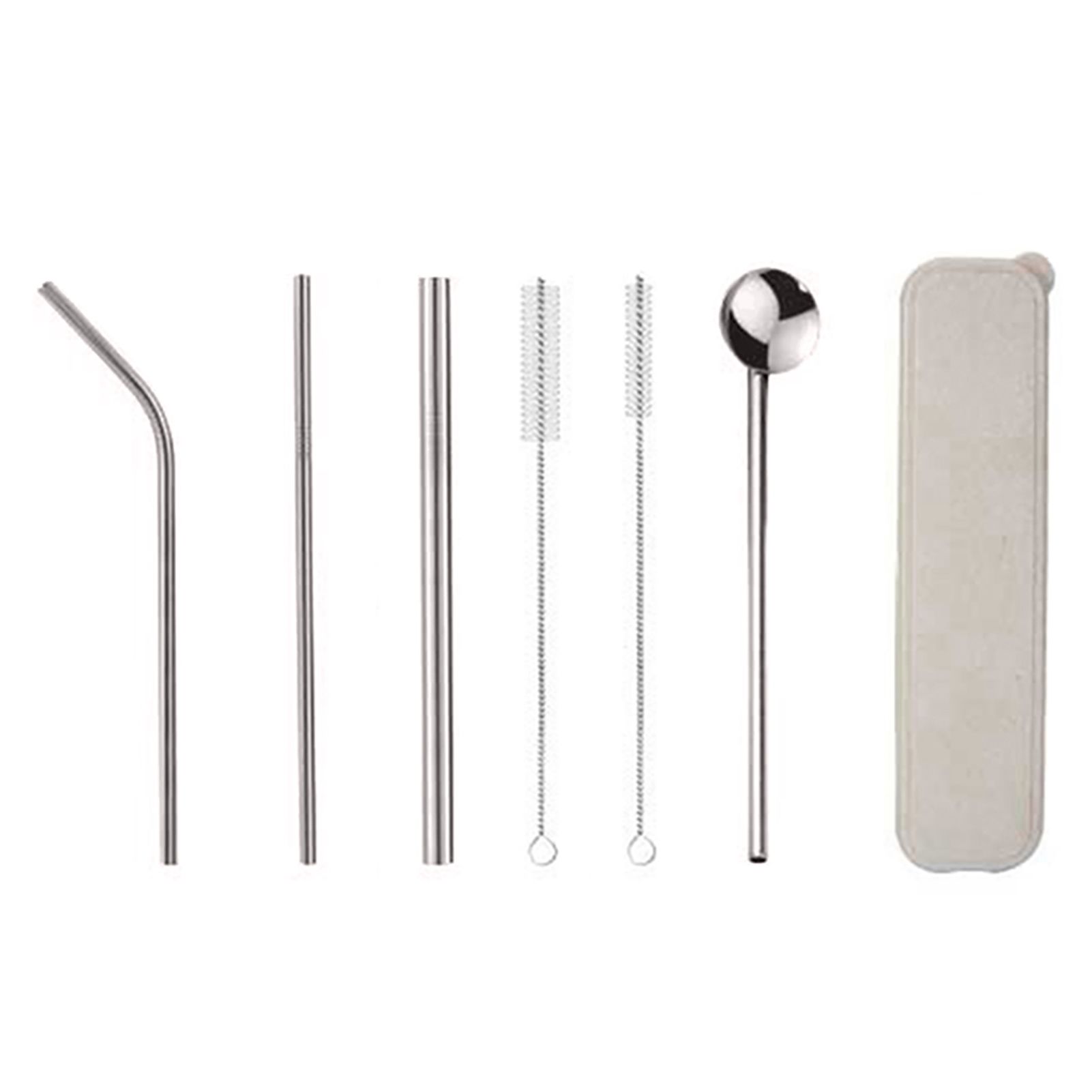7Pcs Reusable Stainless Steel Straws Spoon Drinking Flatware with Cleaning Brush