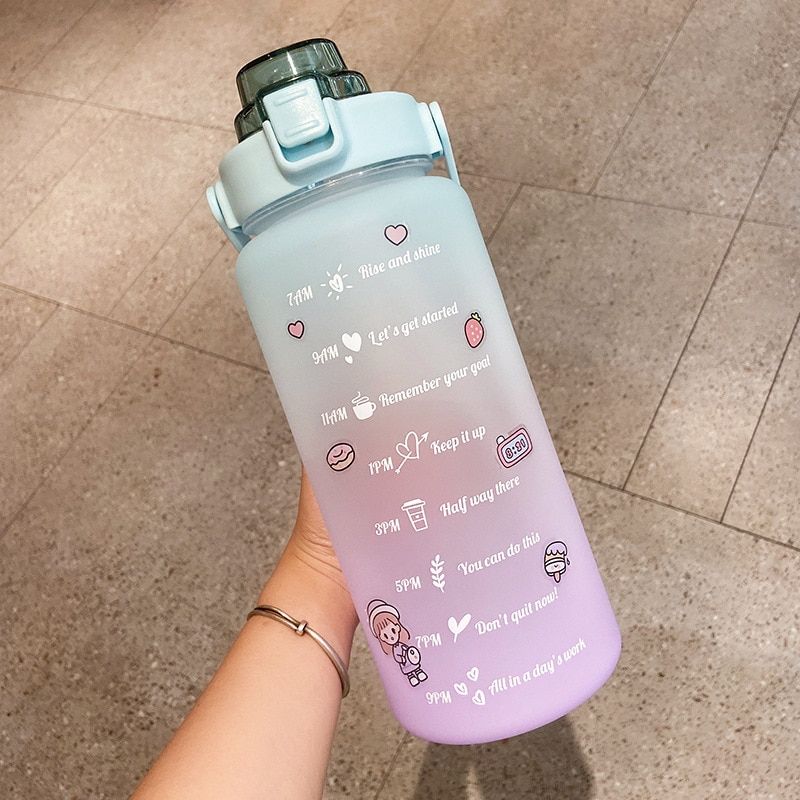 Stickers Water Bottle with Straw 2000ml Cute Portable Scale Bottle for Water Outdoor Travel Kettle for  Student Drink Jugs