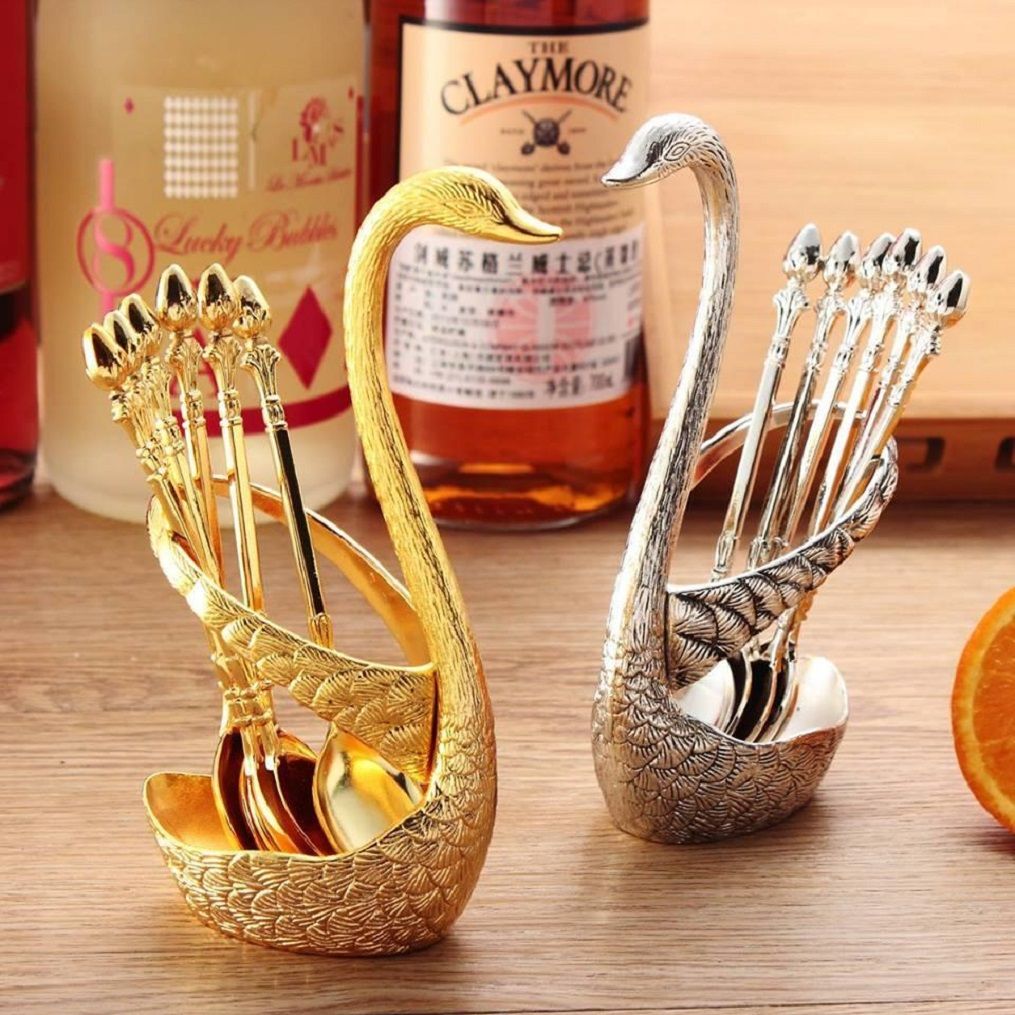 Zinc Alloy Swan Holder Decorative Fruit Fork Set Metal Swan Stand Gift Set