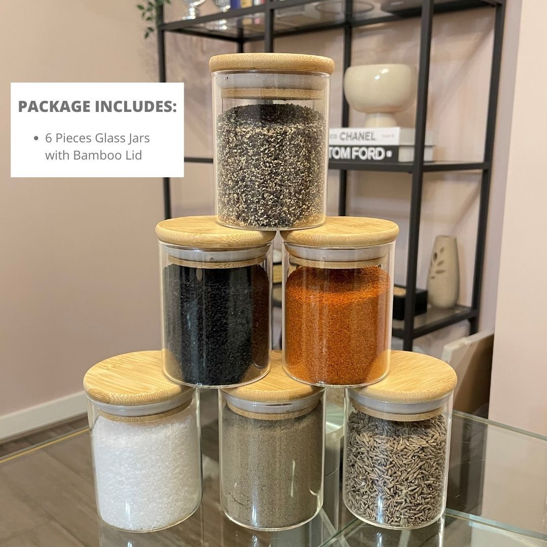 Glass Jars With Bamboo Lid 200ml Spice Jars, Airtight Food Containers, Perfect Kitchen Storage, Canister For Spices, Food, Candy, Herbs, Tea, Coffee, Salt, Available In Set Of 2,3 And 12 IRASIN CRAFTS