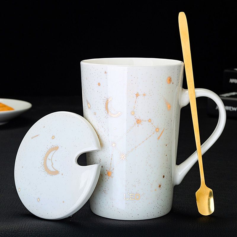 1pcs Ceramic Mugs 12 Constellations Creative Mugs With Spoon Lid Starry Sky Porcelain ZodiMilk Coffee Cup Drinkware