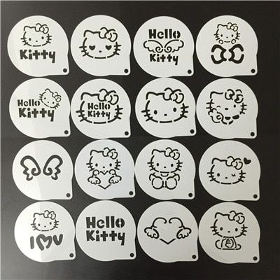 16Pcs/Set Cartoon Latte Coffee Stencils Hello Kitty Cake Mold Fondant Cookies Baking Tools Art DIY Tools  D07