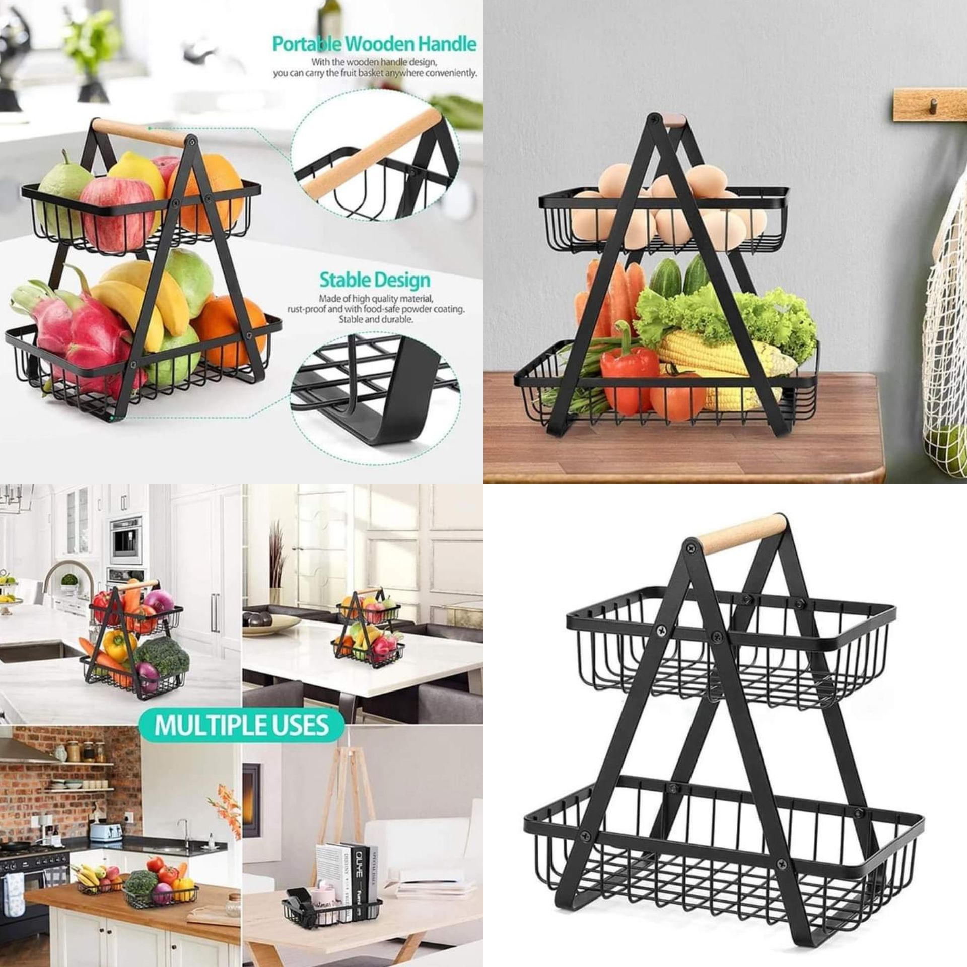 2-Tier Squire Fruit Basket /Kitchen, Dining & Bar Bronze Wrought Iron 2 Tier Open Fruit Square Shape Display Stand Basket Kitchen Storage & Organization.