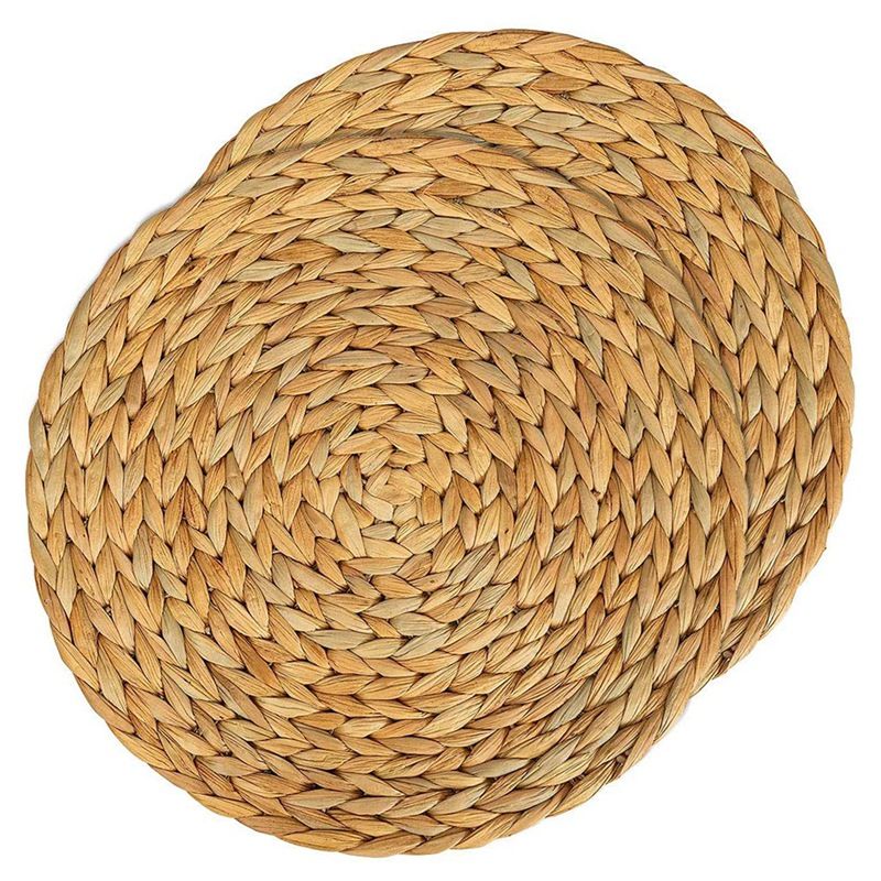 2 Pcs Woven Placemats,Natural Water Hyacinth Weave Placemat Round Braided Rattan Tablemats
