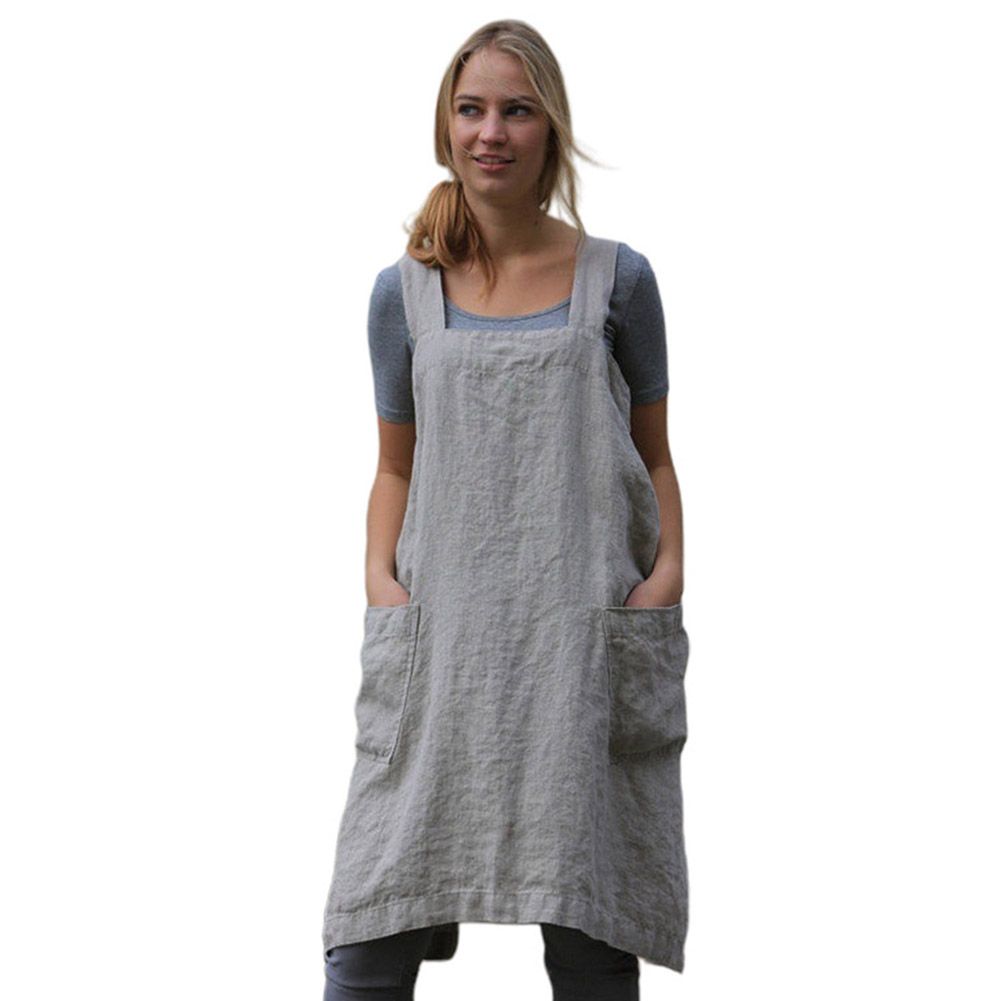 Women Cotton Linen Apron Sleeveless Home Cooking Cleaning Cover Florist Dress