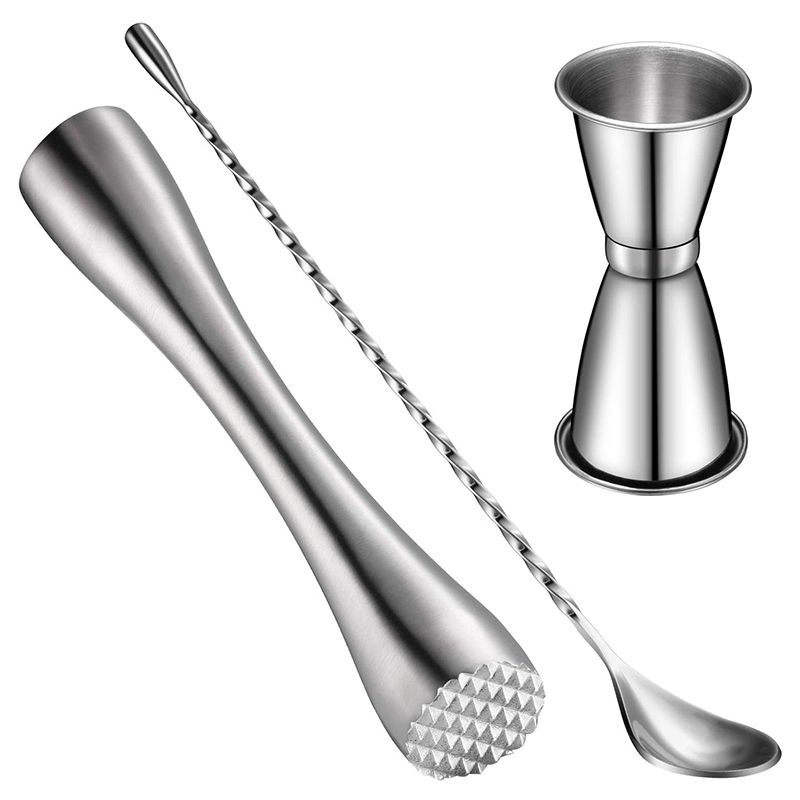 tail Shaker Set, Stainless Steel tail Muddler, Double tail Jigger and Spiral Pattern Bar tail 3 Pack