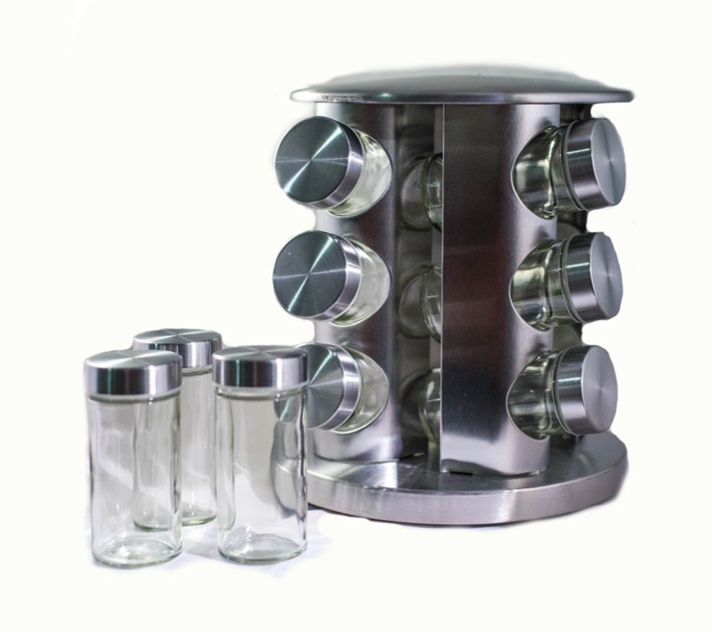 12 pcs spice rack with glass jars and stainless steel rotating stand