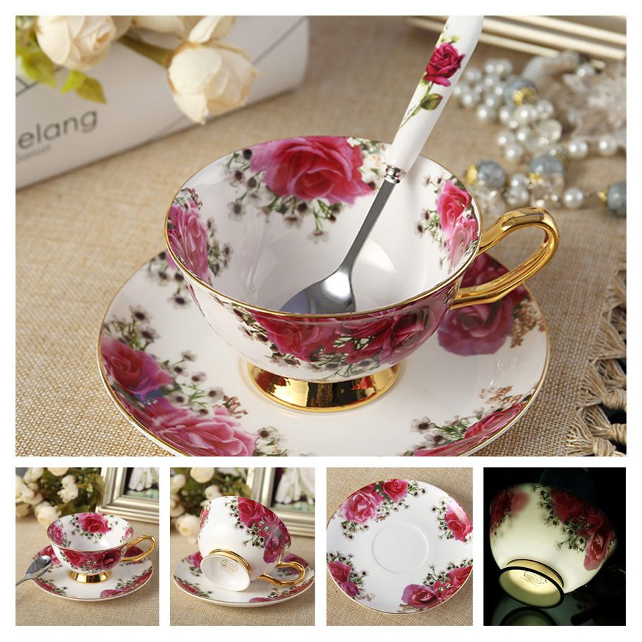 Europe Noble Bone China Coffee Cup Saucer Spoon Set 200ml Luxury Ceramic Mug Top-grade Porcelain Tea Cup Cafe Party Drinkware