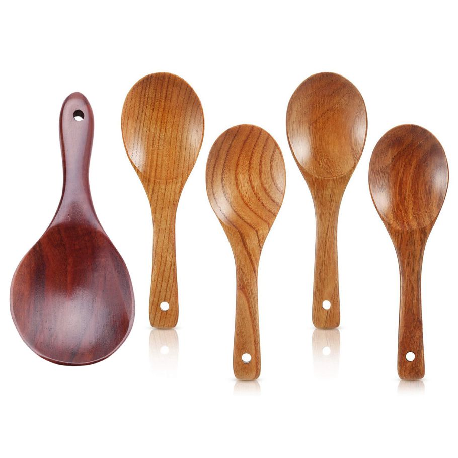 1x Teak Wood Spoon Natural Solid Wood Rice Spoon & 4Pieces Wood Spoons 21.5cm Wooden Rice Paddle Versatile Serving Spoon