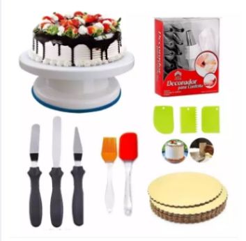 A deal Cake Turntable, 12 Piece Cake Decorating Nozzle Set, 3 in 1 Multi Function Knife Set, 3 Side Scrapper,Cake Board 5 Piece, Silicon Spatula Brush Set
