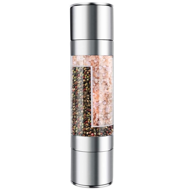 Stainless Steel Salt And Pepper Grinder 2 In 1 Manual Salt & Pepper Mill Shakers Refillable With Dual Adjustable Coarseness And Clear Acrylic Body