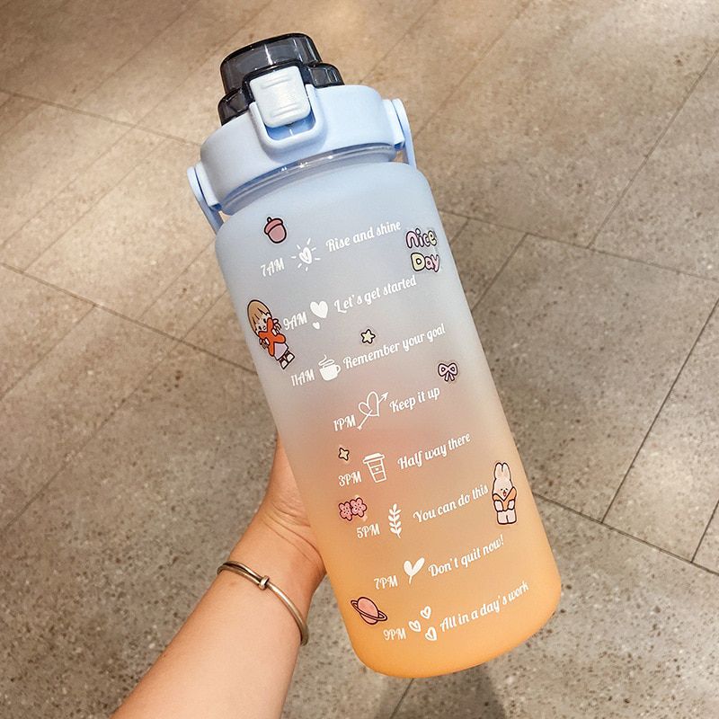 2 Liter Large Capacity Free Motivational With Time Marker Fitness Jugs Gradient Color Plastic Cups Outdoor Frosted Water Bottle