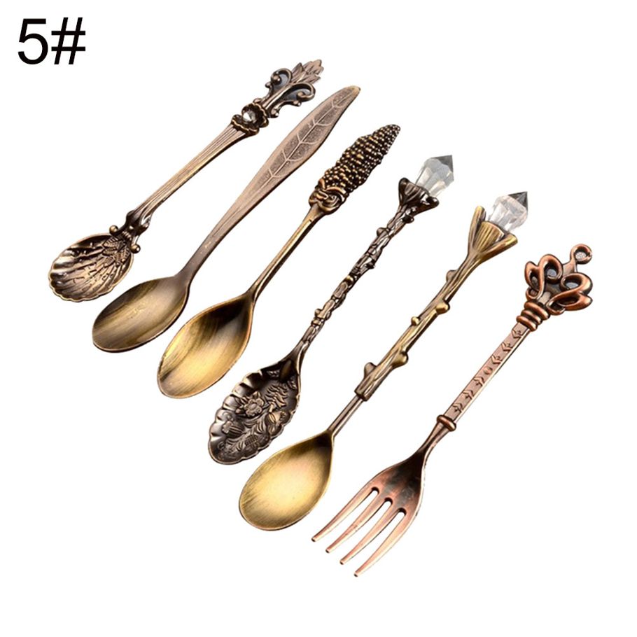6Pcs Crown Scepter Head Long Handle Coffee Dessert Mixing Spoon Fork Tableware