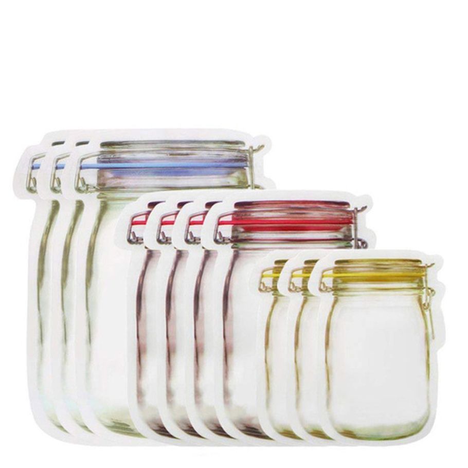 OIMG 10/12Pcs Jar Shape Zipper Bag Reusable Snack Saver Food Sandwich Storage Pouch