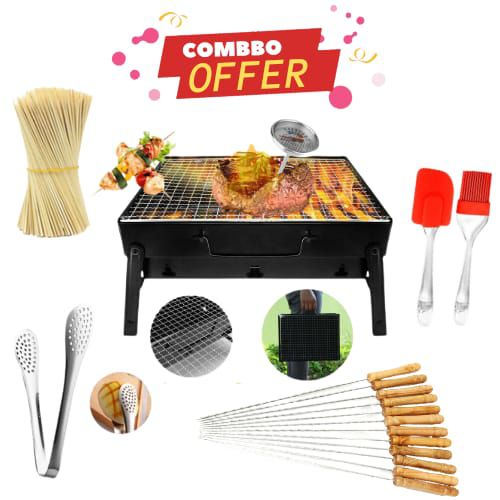 5-In-1 Combo Offer BBQ Machine 13 in + 12 Pieces BBQ Stick+2 Pieces Silicone Oil Brush+Steel Food Clip+Bamboo Shashlik Stick 8 inch 1 Pack
