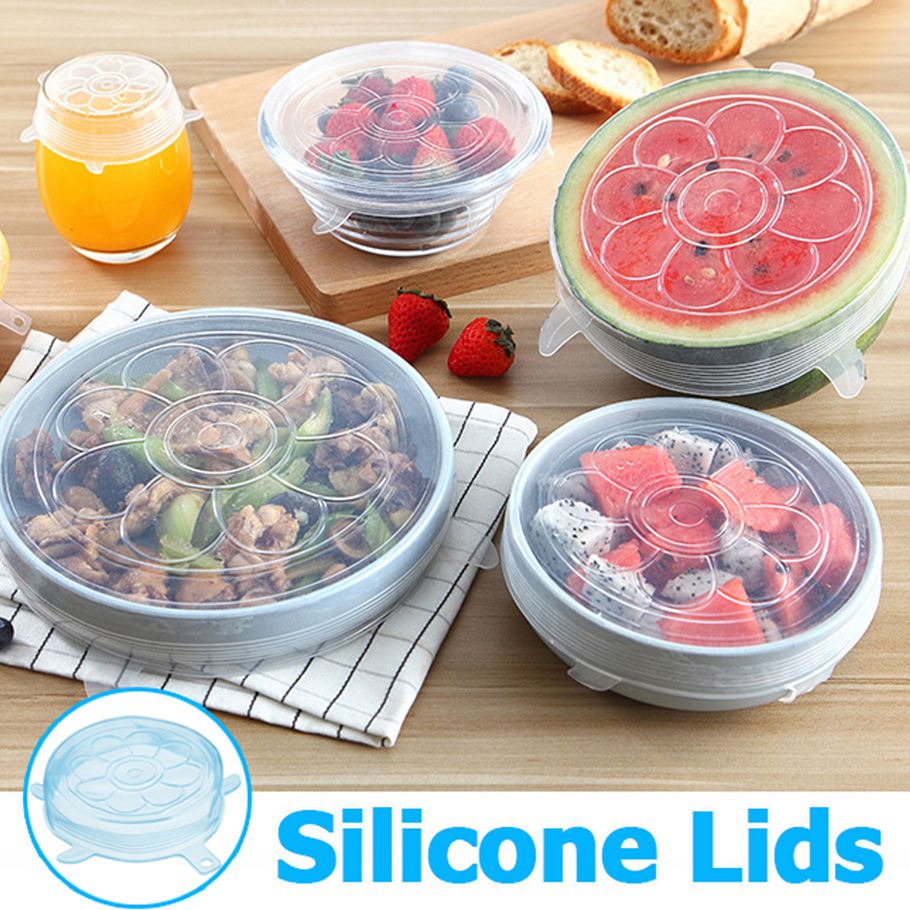 Functional 6PCS Stretch Silicone Food Bowl C0ver Safe Storage Wraps Seals Reusable Lids -- Purple /Pink /Blue /White /Green