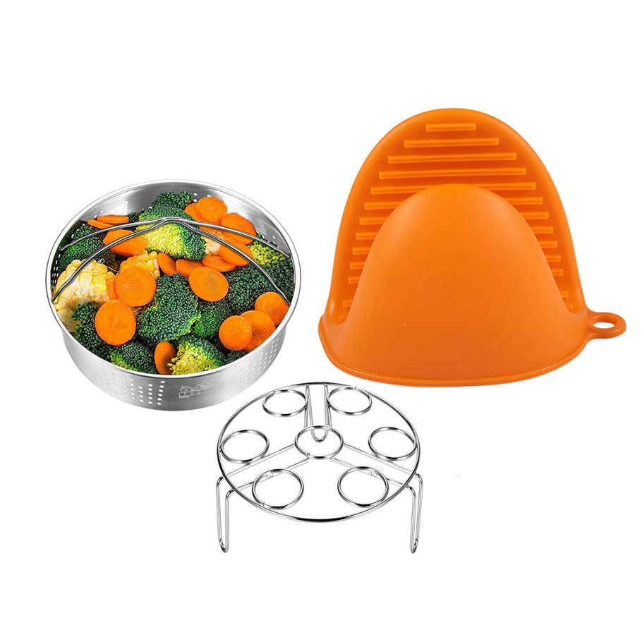 Silicone Gloves Oven Heat Insulated Finger Gloves(Orange) & Steamer Basket with Egg Steamer Rack