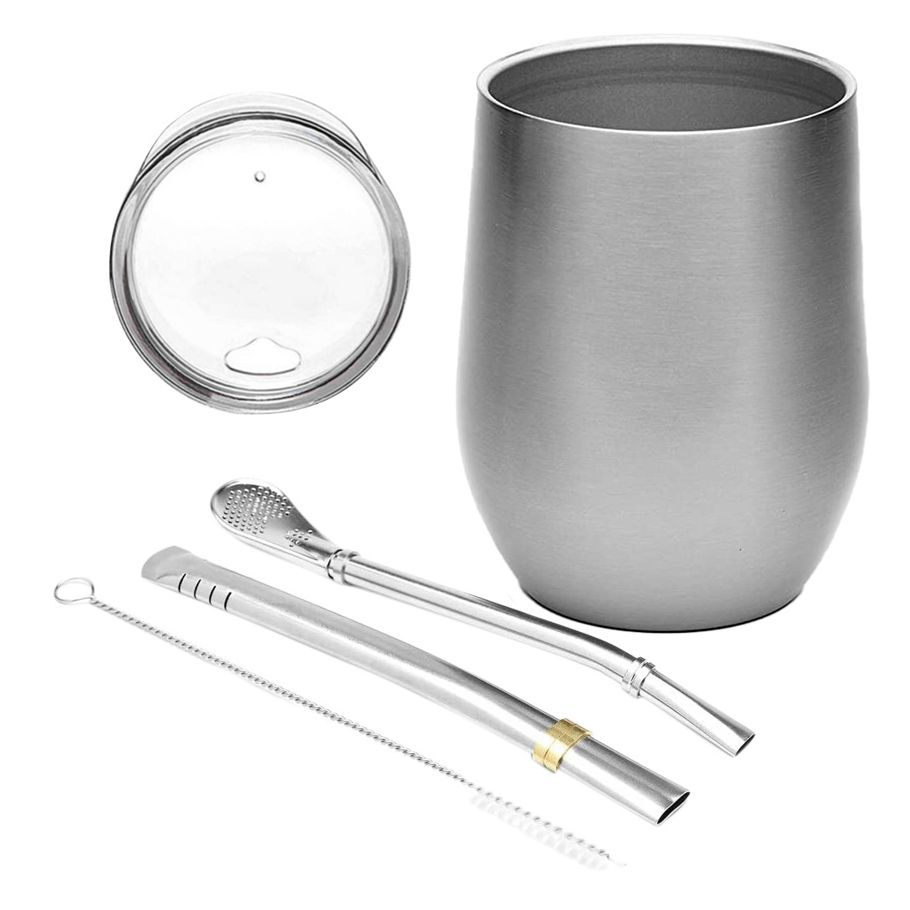 Yerba Mate Gourd Tea Cup Set 12Oz,Double-Wall Stainless Coffee Water Cup with Lid 2 Bombillas Straws Spoon&Brush,Silver