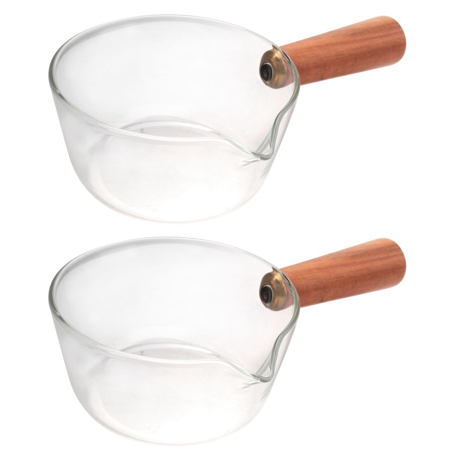 2X Glass Milk Pot with Wooden Handle 400Ml Cooking Pot for Salad Noodles Gas Stove Cookware