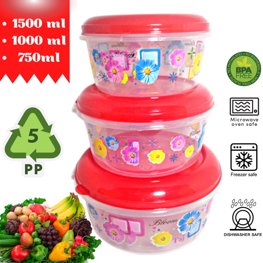 Food Grade Colorful Flower Printed Plastic food Container or Bowl Set -3 Multiple Sizes with Lids