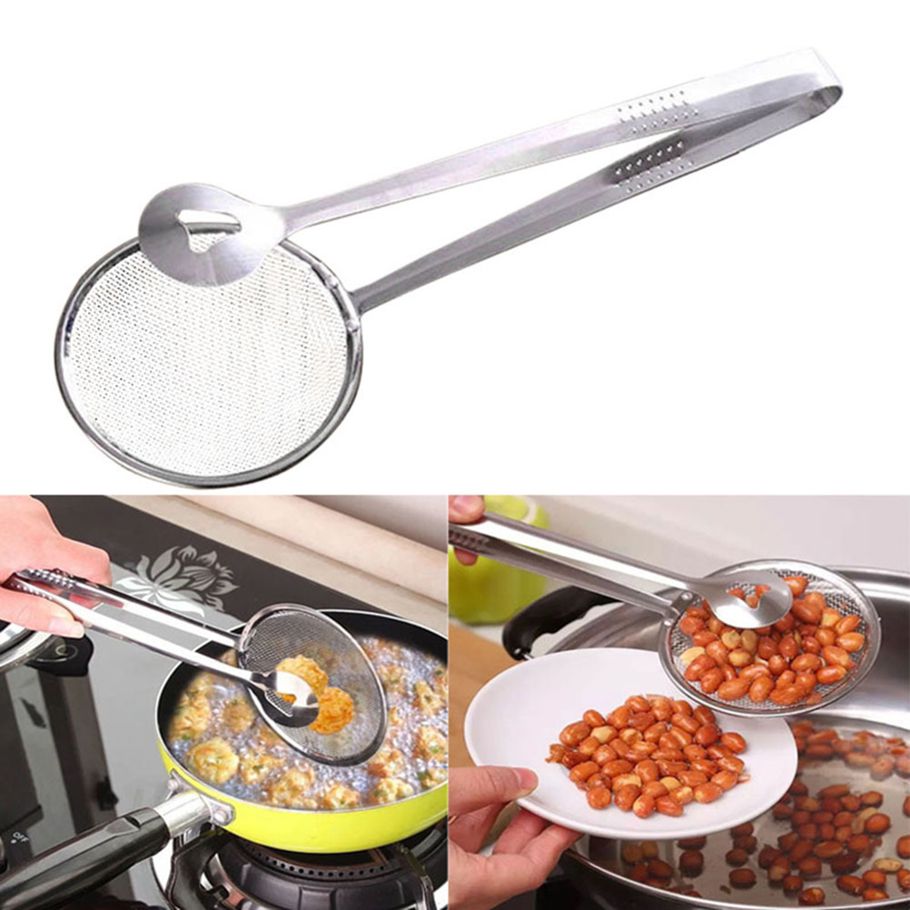 2 in 1 Fry Tool Filter Spoon Strainer With Clip Oil Frying BBQ Filter Stainless Steel Mesh Strainer Kitchen Tool Stainless Steel Fine Mesh Colander Skimmer Clip Hot Pot Fat Skimming for Fried Food Chicken Leg French Fries