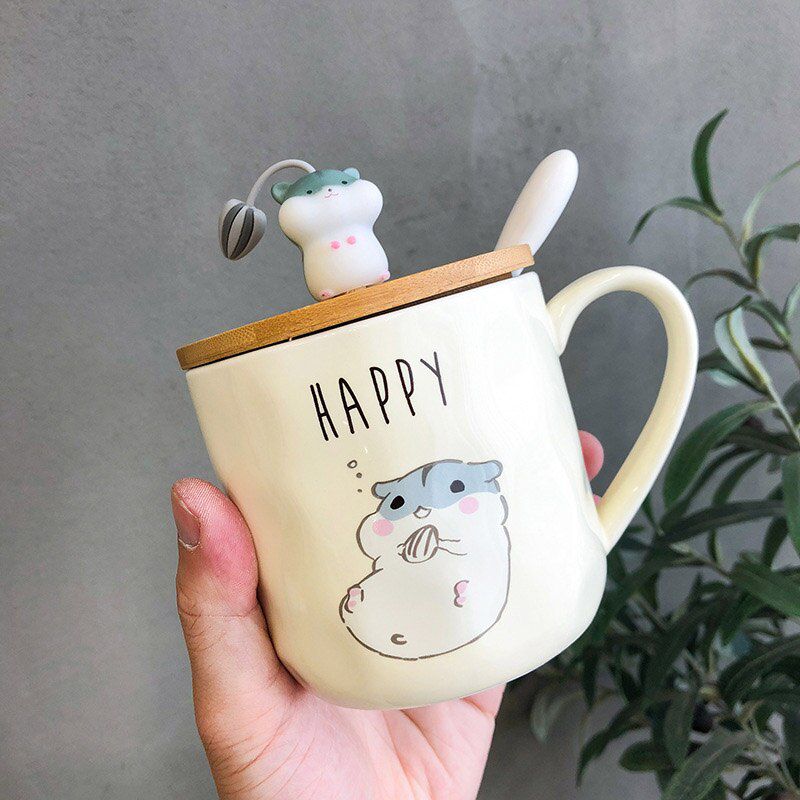 Creative cartoon  mug with lid spoon, 400ml teacup coffee ceramic mugs office cup office Drinkware couple cup gift