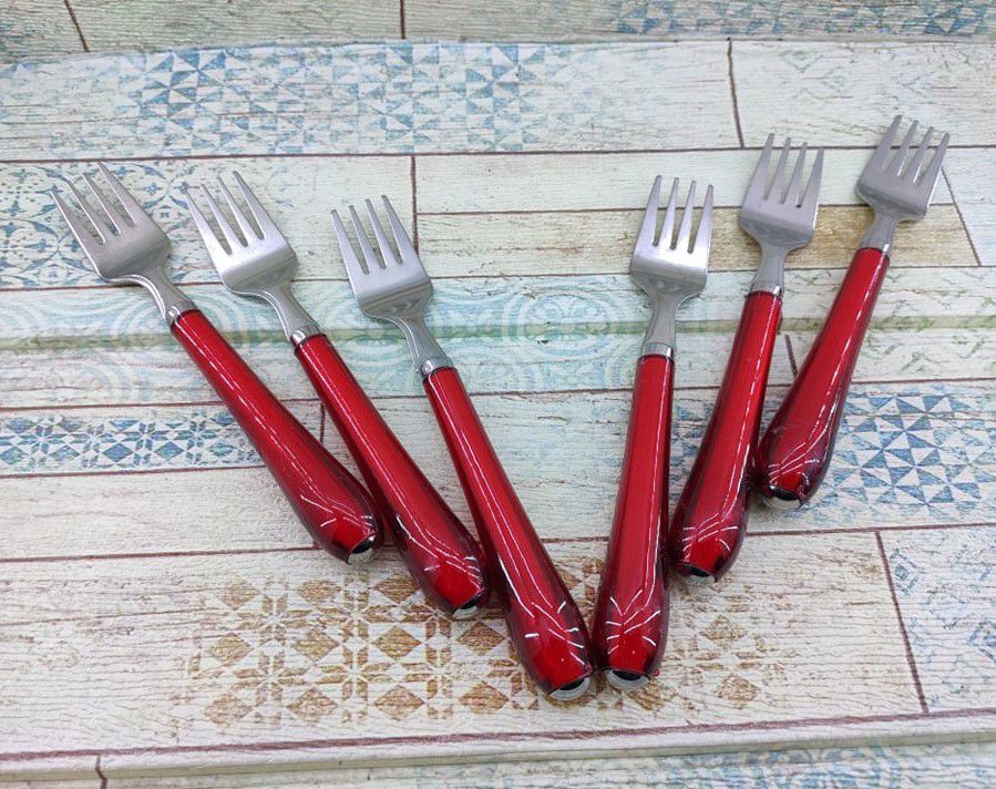 6 Pcs Stainless Steel Frok Spoon with Plastic Handle Set. Stainless Steel Frok Spoon With beautiful Plastic Handle Red:CD:65