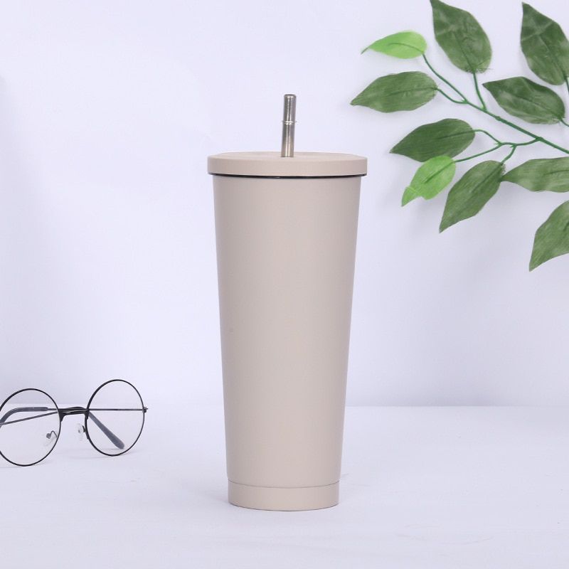 750ML 304Stainless Steel Straw Cup Large Capacity Vacuum Solid Color Coffee Mug Tumbler Cup