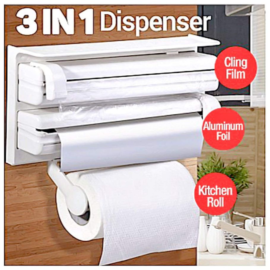 Triple Paper Dispenser for Kitchen Roll Aluminium Foil and Cling Film Cutter