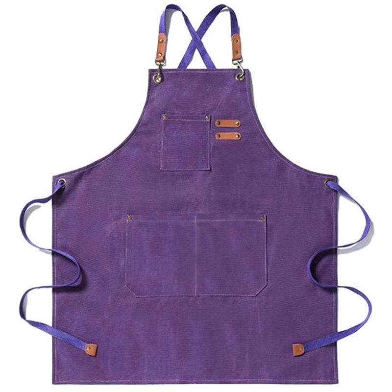 Canvas Kitchen Apron for Men Women Chef Cooking Apron Cross Back 3 Pockets(Purple)