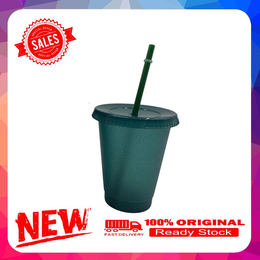 400/500ml Straw Drinking Cup Large-capacity Wide Mouth Lid Plastic Flash Powder Shiny Water Bottle for School