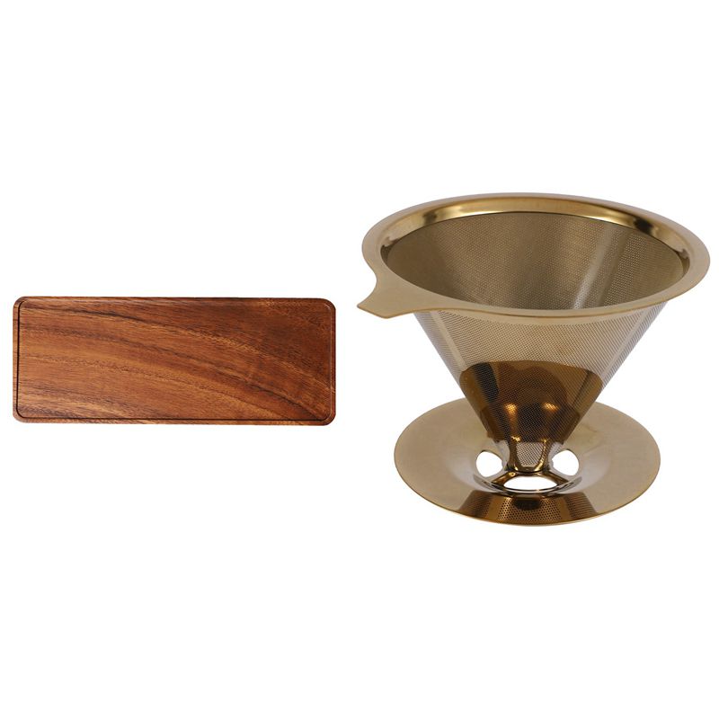 Double Wall Titanium Gold Pour over Coffee Dripper Filter with Acacia Wooden Tray, Solid Wood Wooden Afternoon Tea Tray