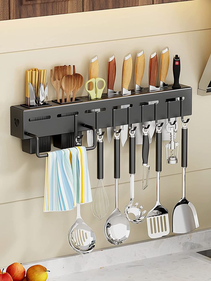 Wall Mounted Knife and Spoon Holder Kitchen Counter Organization Knife Block Kitchen Knife Rack Wall Organizer with 8 Hooks for Hanging Knives- Black
