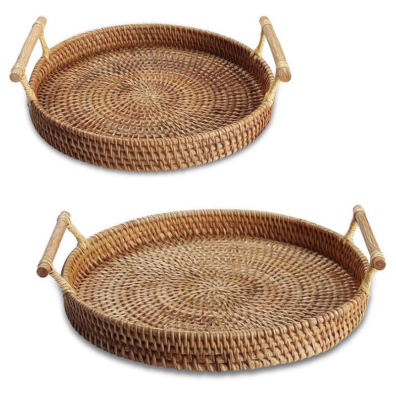 2 Pieces Of Rattan Woven Picnic Basket Portable Binaural Rattan Basket Snack Fruit Storage Basket 22cm,28cm