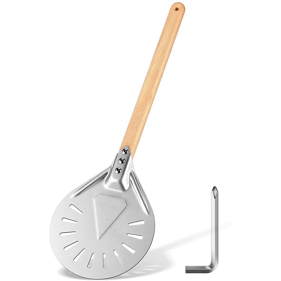 Turning Pizza Peel Perforated Aluminum Pizza Peel and Oval Shape Detachable Wooden Handle Pizza Paddle for Baking A