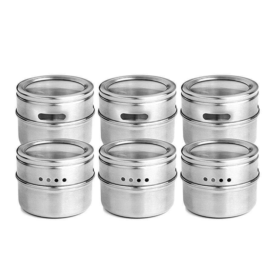6pcs / set Clear Lid Magnetic Spice Jar Stainless Steel Spice Sauce Storage Container Pots Kitchen Condiment Holder Houseware