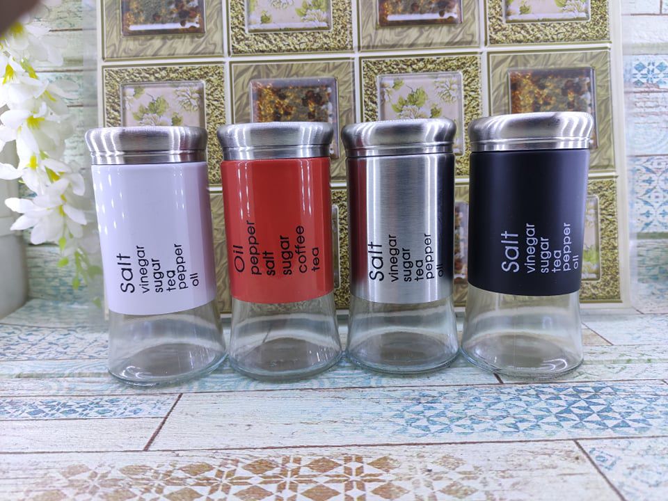 4 Pcs Glass Storage Container Jars with Steel Plated at the Outer Layer with Lid (Steel),Sugar Jar, Salt Jar,Vinegar Tea Pepper Oil Spice Jar Or Pot,CD:R20.