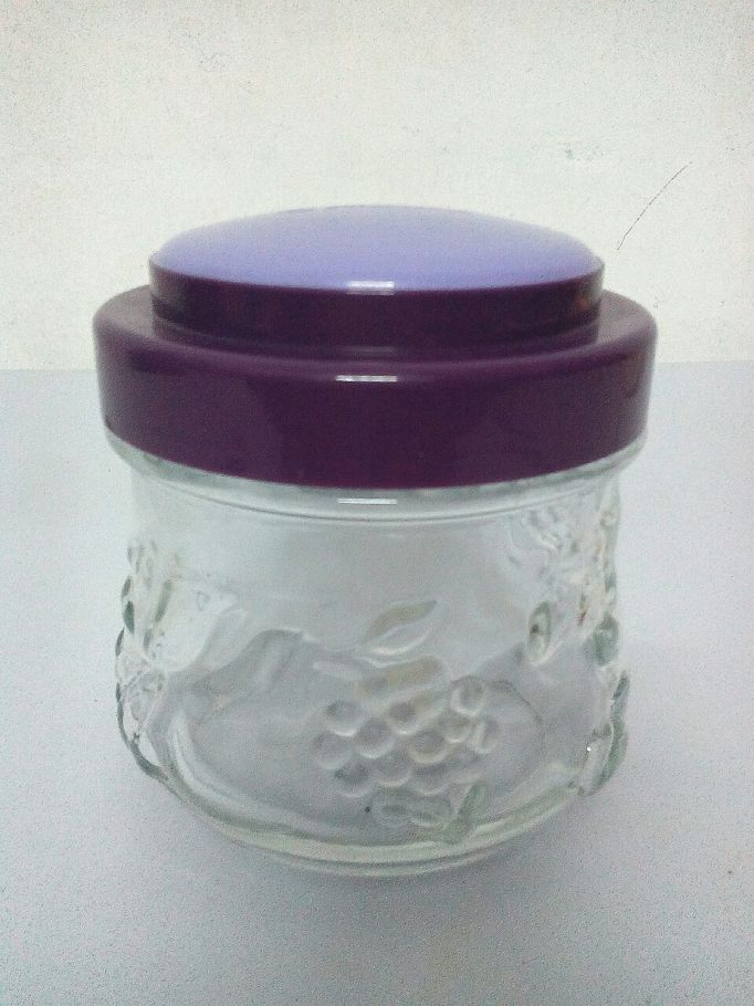 Small Glass jar with plastic cover for snacks, chocolate, chips, sugar, salt, ghee, pickles, peppers, red chili powder, turmeric powder,  MDH chunky chat masala, cardamom, almond, gorom masala, black paper, snacks, mayonnaise etc