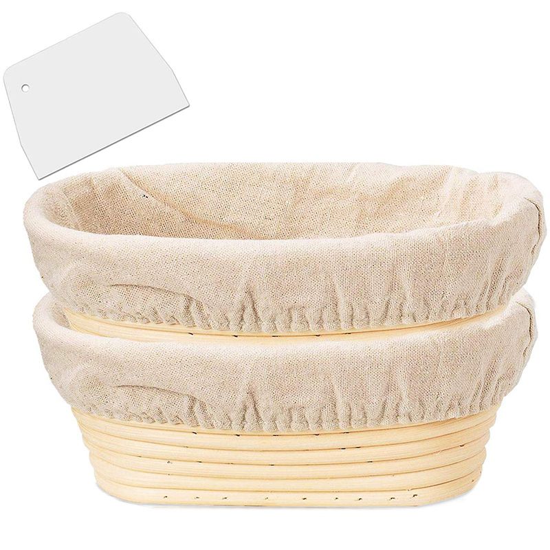 2 Packs 10 Inch Oval Shaped Bread Proofing Basket - Baking Dough Bowl Gifts for Bakers Proving Baskets for Sourdough Bread Slashing Scraper Tool Starter Jar Proofing