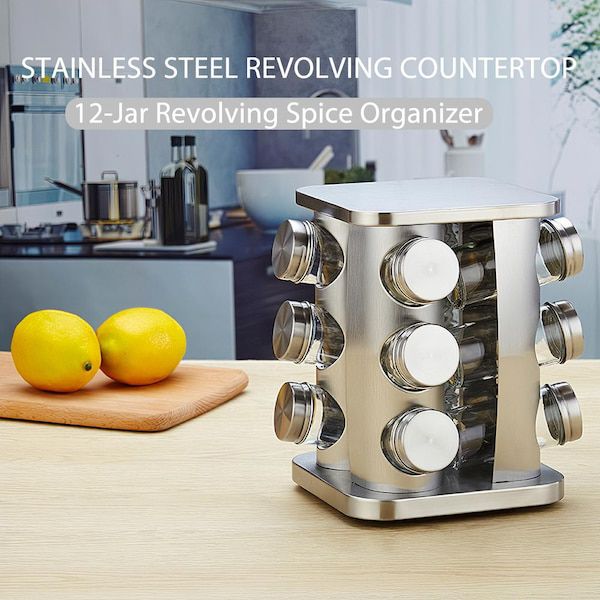 Spice Rack Revolving Stainless Steel Seasoning Storage Organizer Spice Carousel Tower for Kitchen Set of 12 Jars