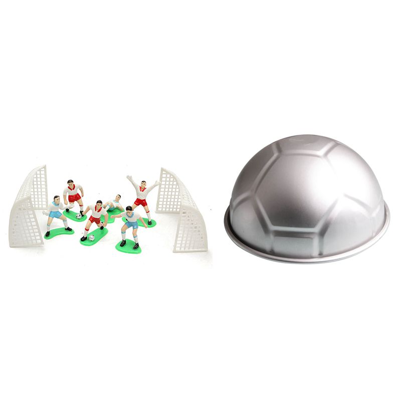 8PCS Soccer Football Cake Topper Player Decoration Tool & 1 PCS 3D Half Round Ball Shaped Football Cake Mold 8 Inch