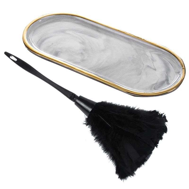 1Pcs Feather Duster with Black Plastic Handle 35cm & 1pcs Nordic Style Gold-Plated Oval Plate Ceramic Plate Marbled - Photo Color